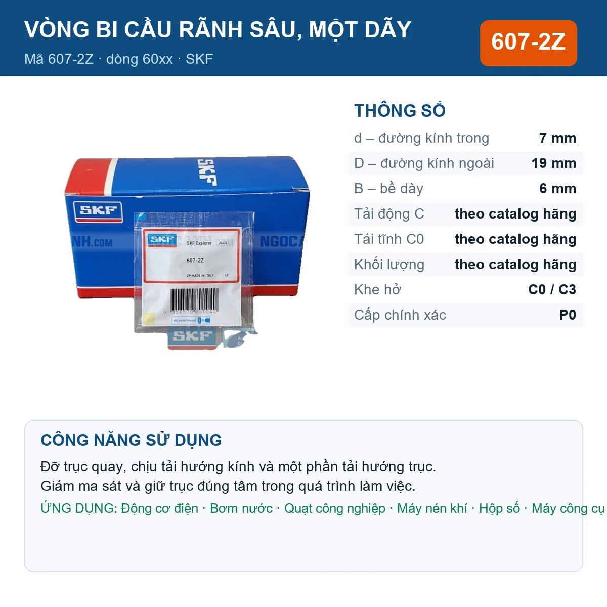 Vòng bi SKF 607-2Z — kích thước 7x19x6mm