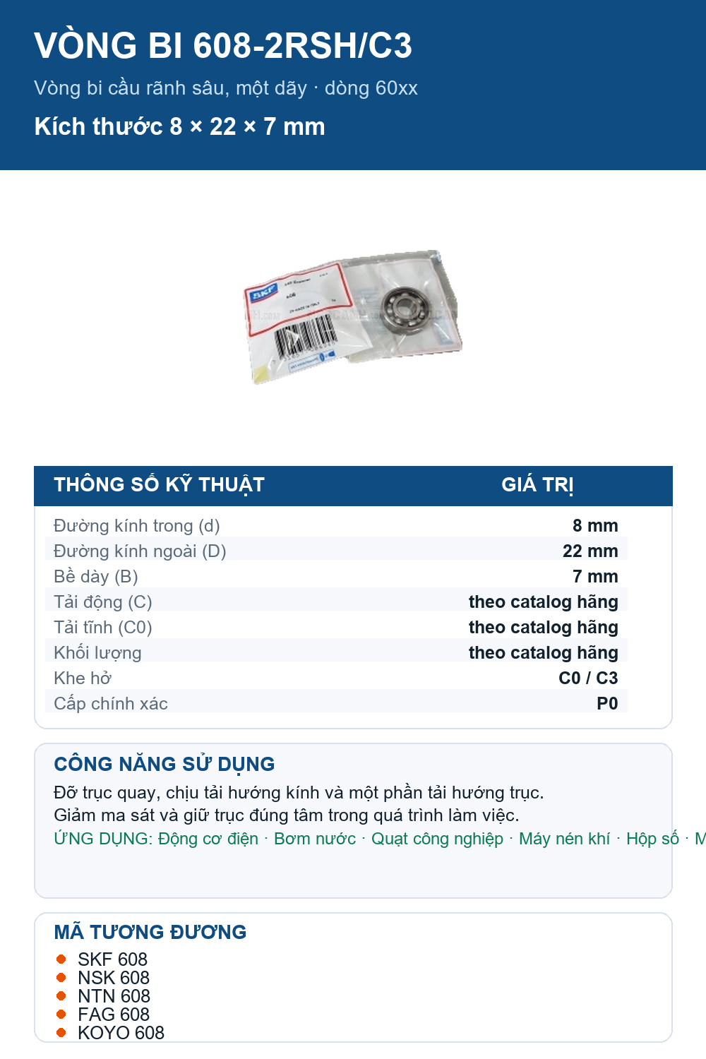 Vòng bi SKF 608-2RSH/C3 8x22x7mm — Ảnh thông số (Pinterest)