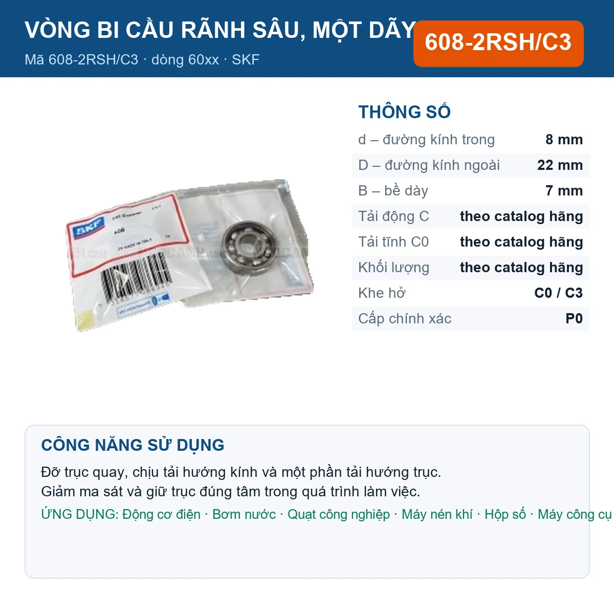 Vòng bi SKF 608-2RSH/C3 — kích thước 8x22x7mm