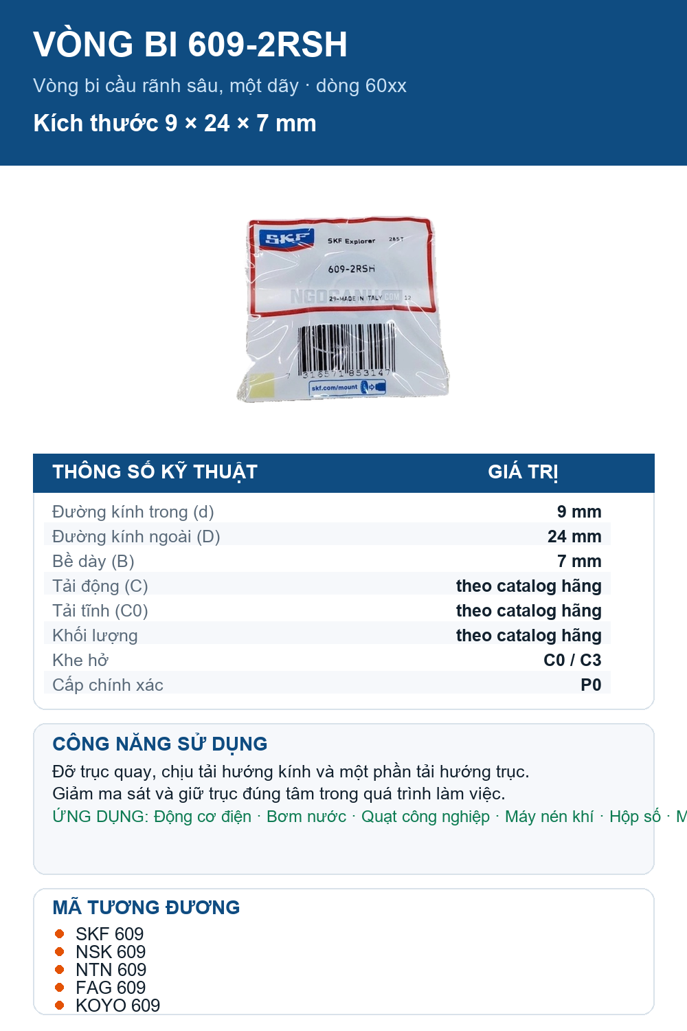 Vòng bi SKF 609-2RSH 9x24x7mm — Ảnh thông số (Pinterest)