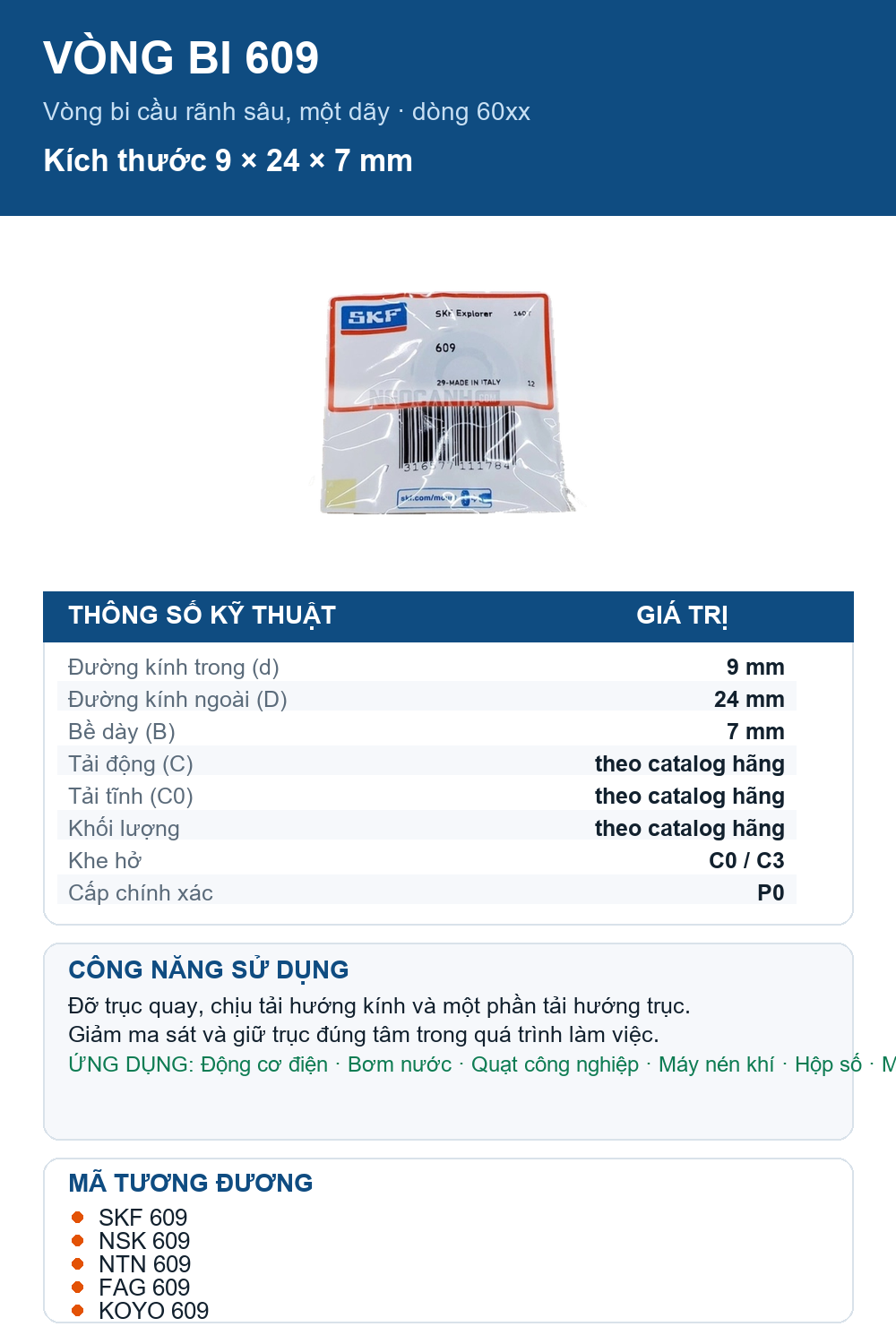 Vòng bi SKF 609 9x24x7mm — Ảnh thông số (Pinterest)