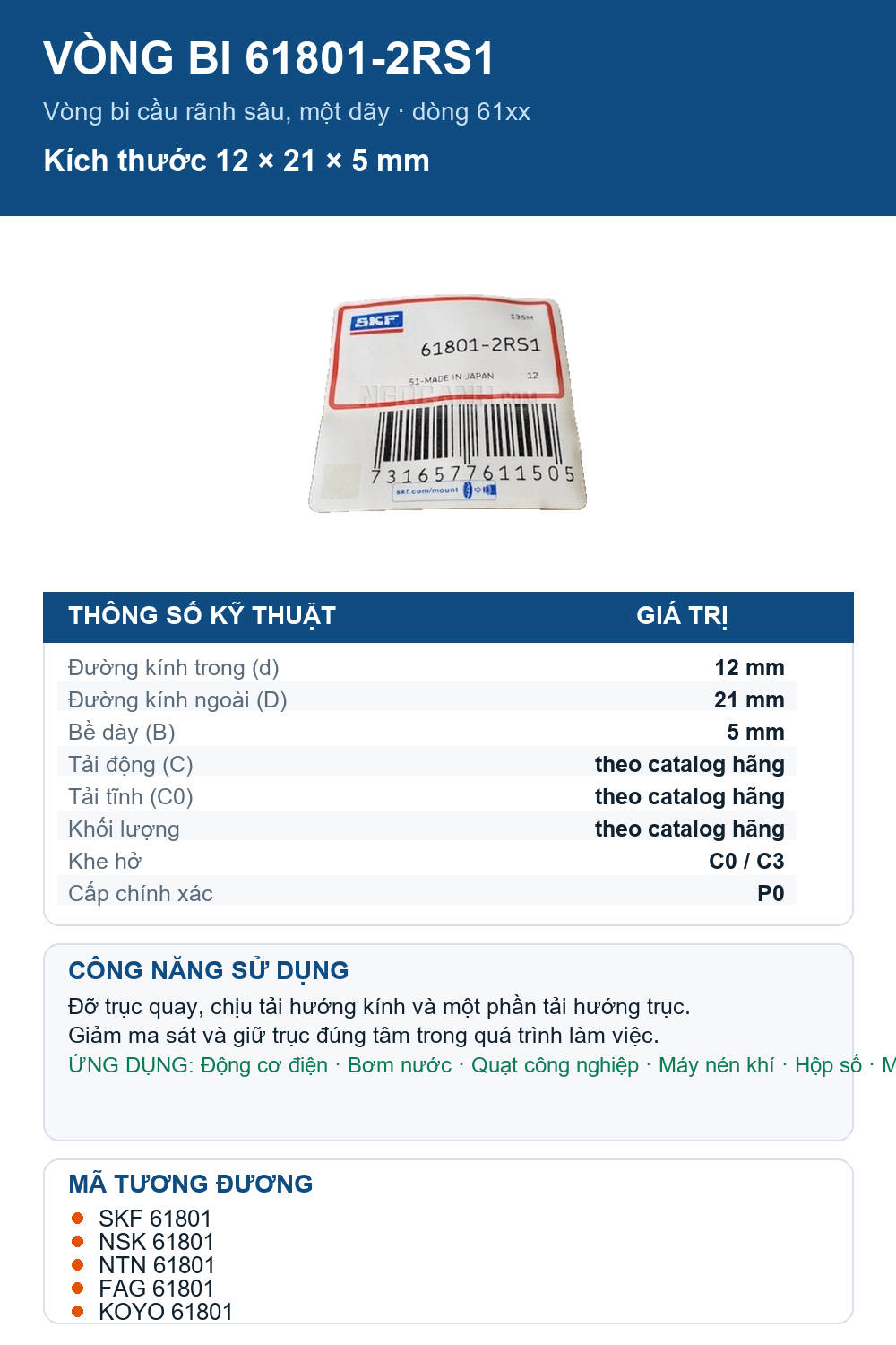 Vòng bi SKF 61801-2RS1 12x21x5mm — Ảnh thông số (Pinterest)