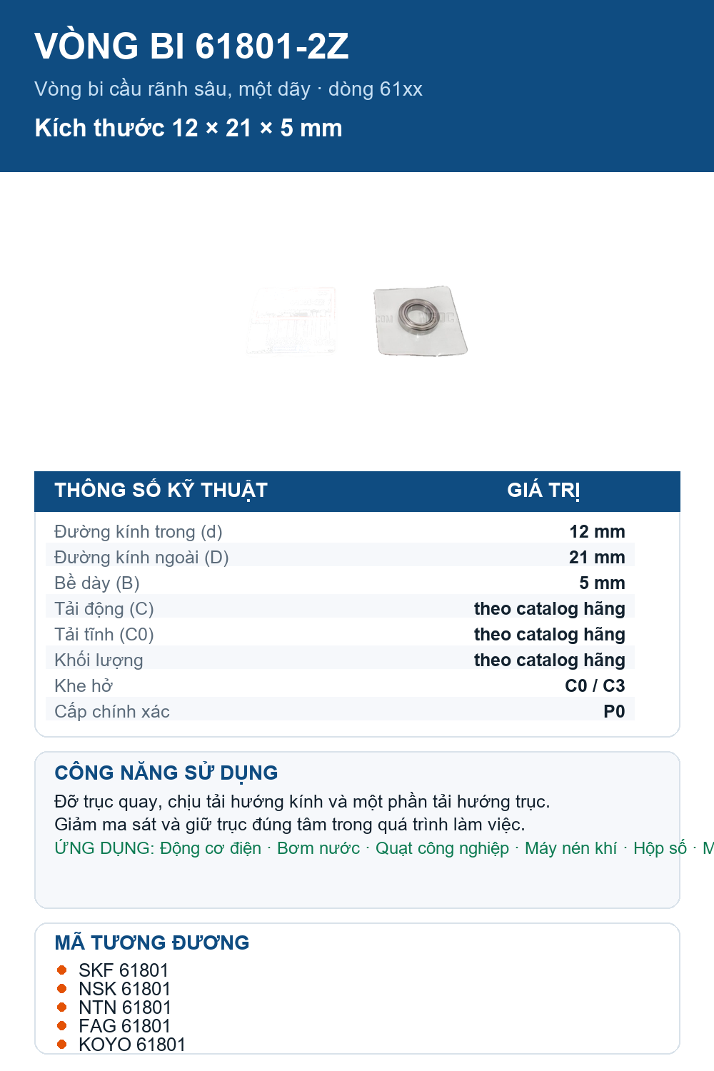 Vòng bi SKF 61801-2Z 12x21x5mm — Ảnh thông số (Pinterest)