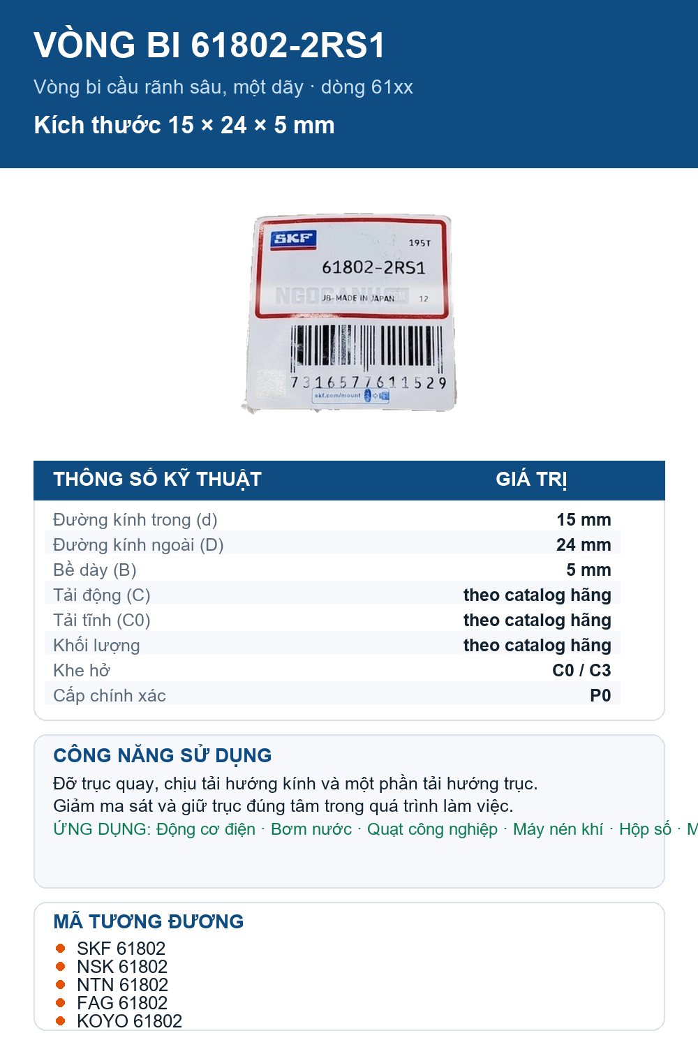 Vòng bi SKF 61802-2RS1 15x24x5mm — Ảnh thông số (Pinterest)