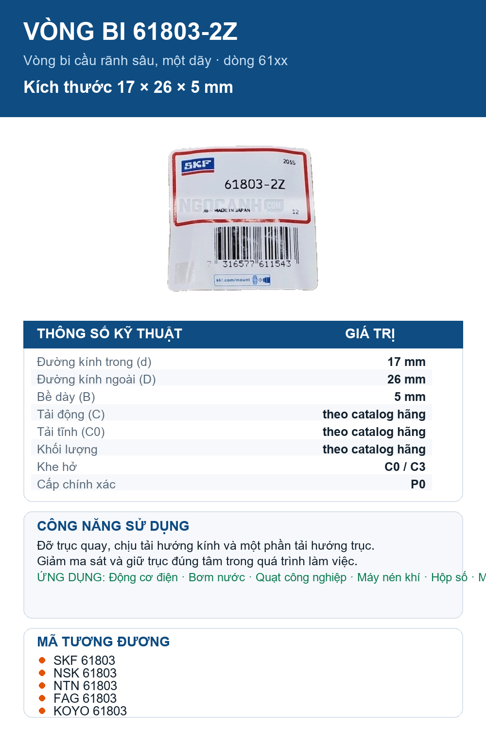 Vòng bi SKF 61803-2Z 17x26x5mm — Ảnh thông số (Pinterest)