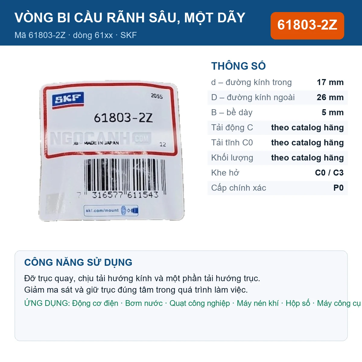 Vòng bi SKF 61803-2Z — kích thước 17x26x5mm