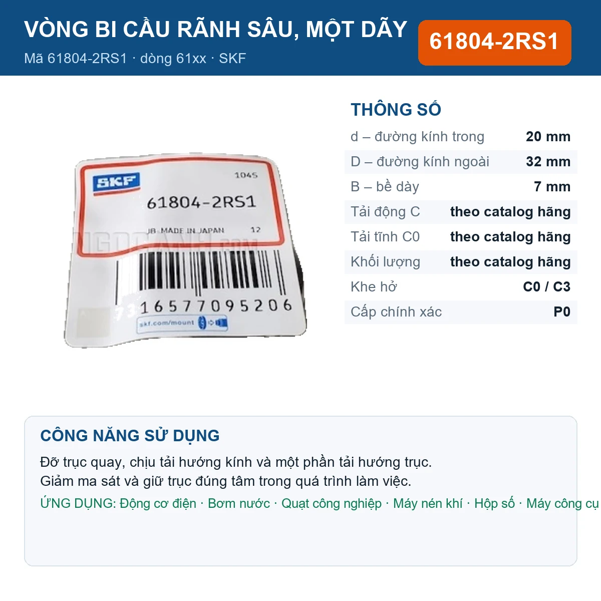 Vòng bi SKF 61804-2RS1 — kích thước 20x32x7mm