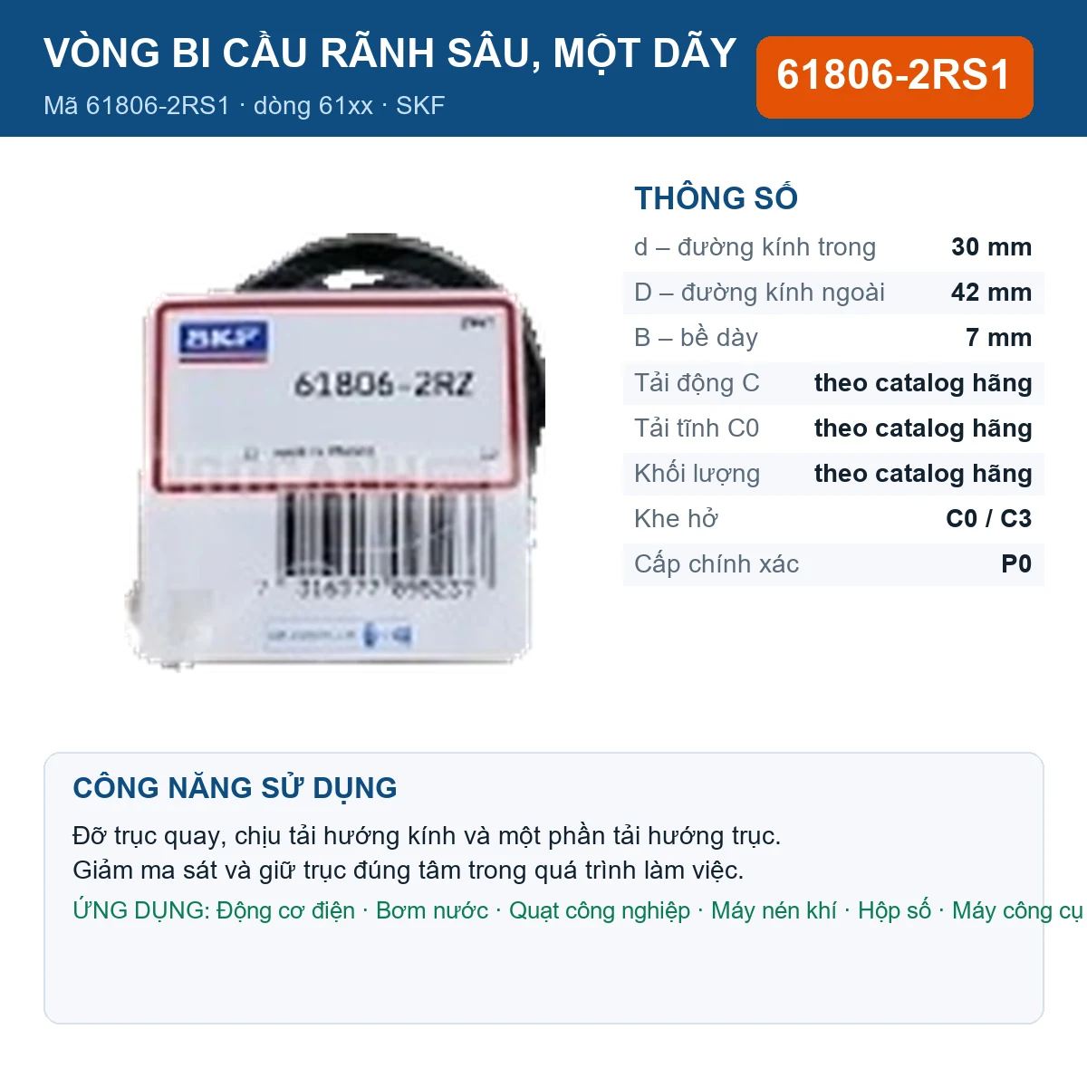 Vòng bi SKF 61806-2RS1 — kích thước 30x42x7mm