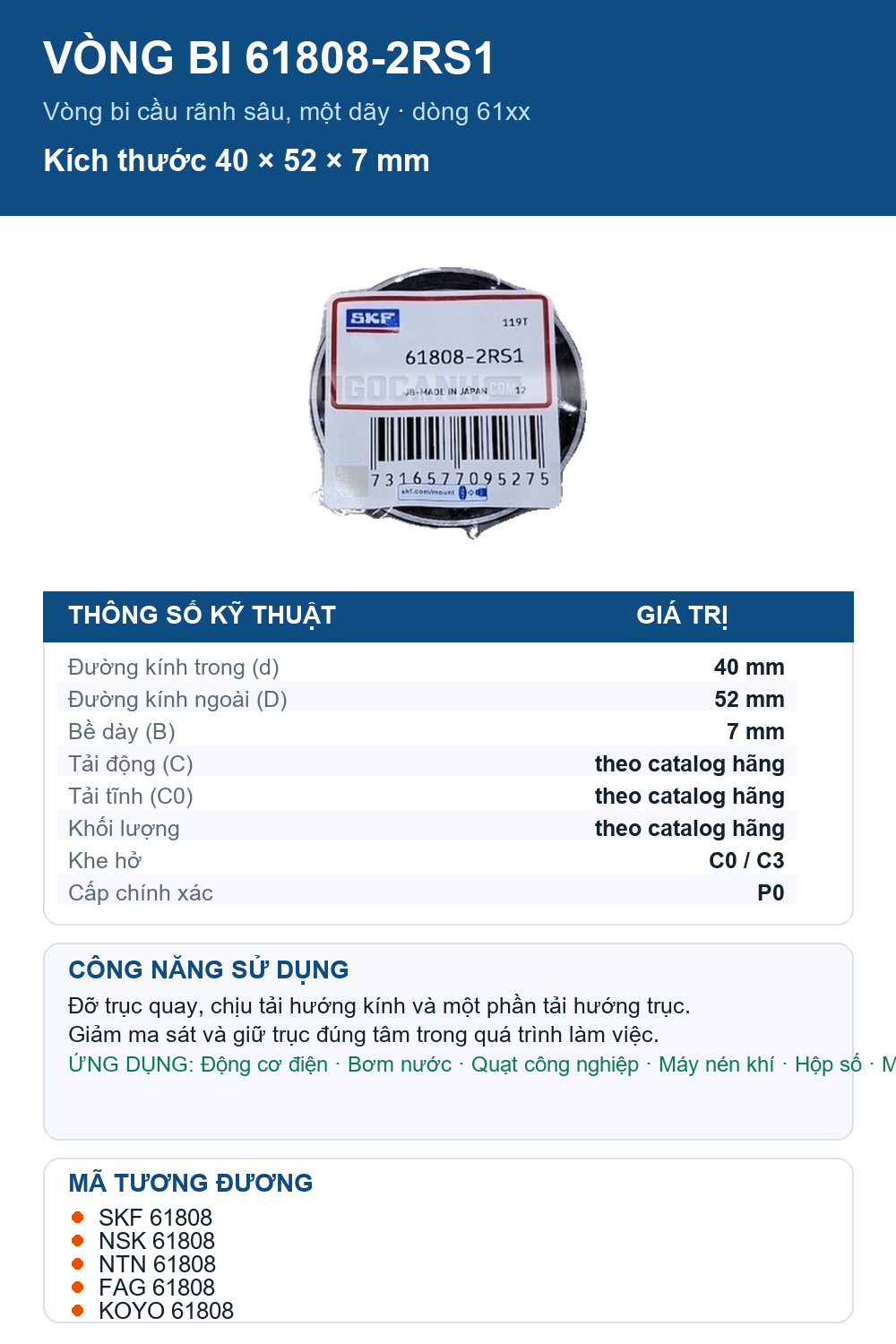 Vòng bi SKF 61808-2RS1 40x52x7mm — Ảnh thông số (Pinterest)