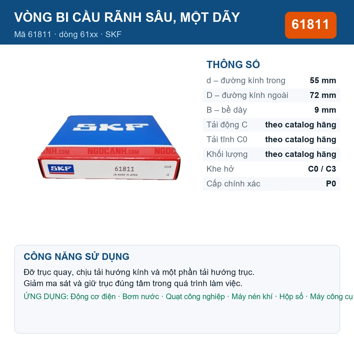 Vòng bi SKF 61811 — kích thước 55x72x9mm