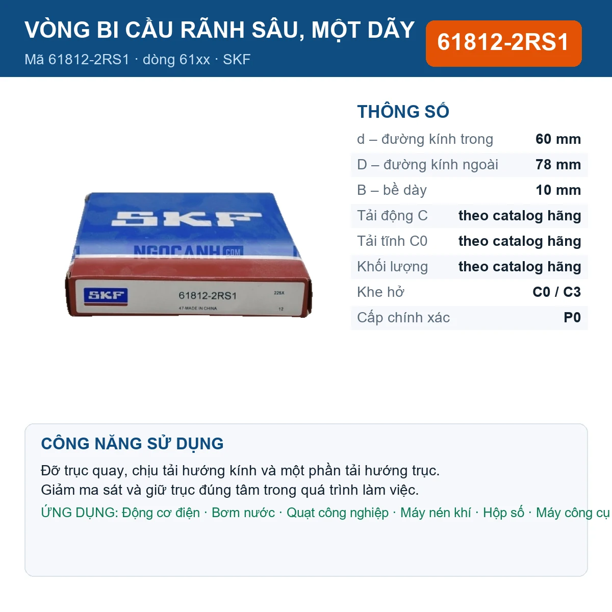 Vòng bi SKF 61812-2RS1 — kích thước 60x78x10mm