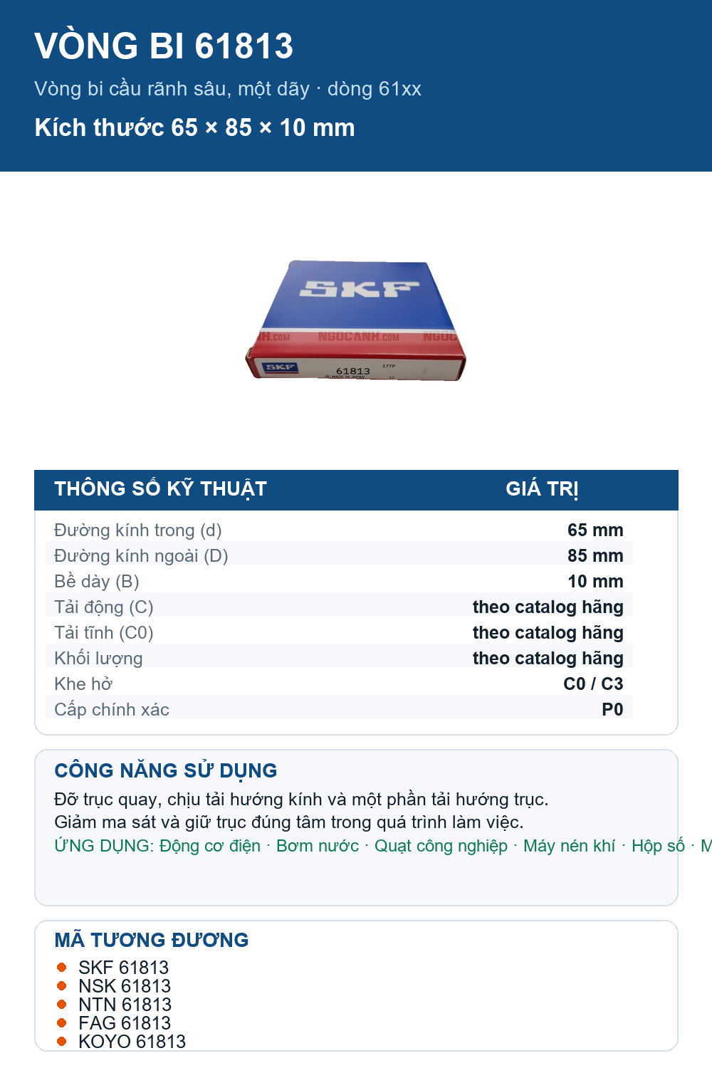 Vòng bi SKF 61813 65x85x10mm — Ảnh thông số (Pinterest)