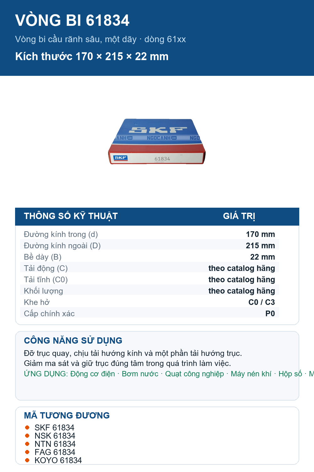 Vòng bi SKF 61834 170x215x22mm — Ảnh thông số (Pinterest)