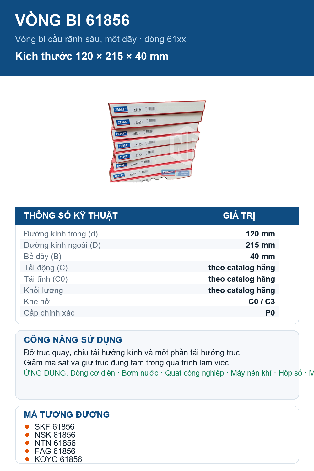 Vòng bi SKF 61856 120x215x40mm — Ảnh thông số (Pinterest)