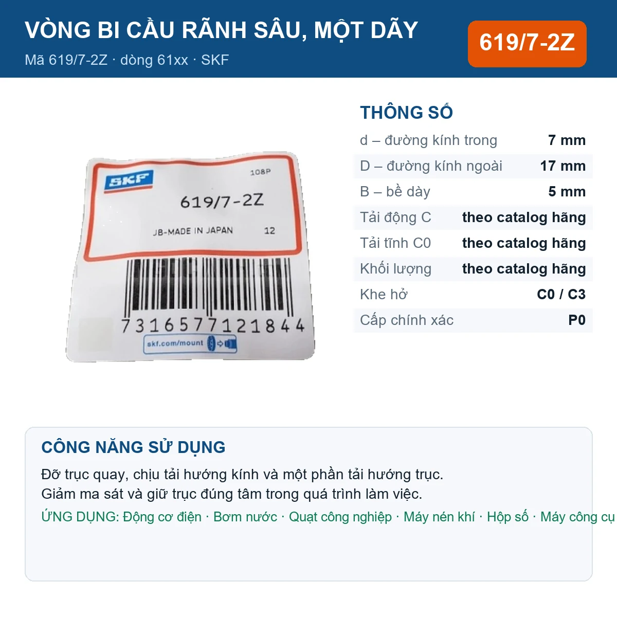 Vòng bi SKF 619/7-2Z — kích thước 7x17x5mm