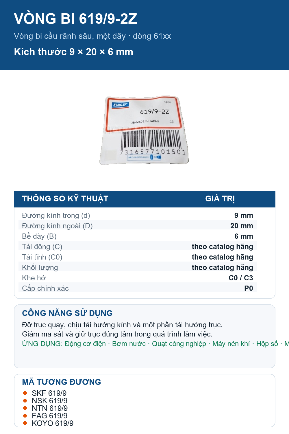 Vòng bi SKF 619/9-2Z 9x20x6mm — Ảnh thông số (Pinterest)
