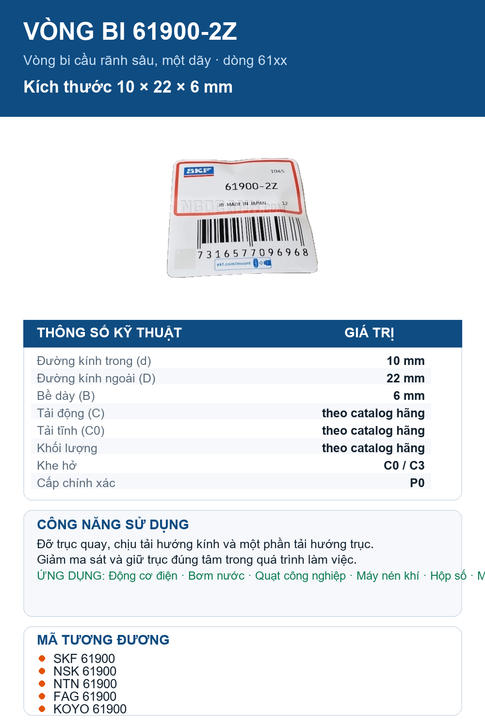 Vòng bi SKF 61900-2Z 10x22x6mm — Ảnh thông số (Pinterest)