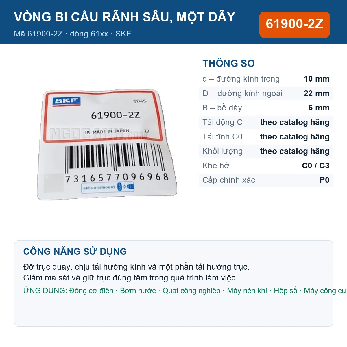 Vòng bi SKF 61900-2Z — kích thước 10x22x6mm