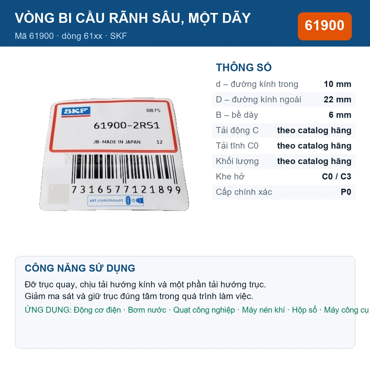 Vòng bi SKF 61900 — kích thước 10x22x6mm