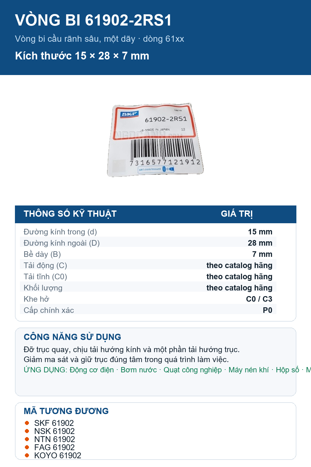 Vòng bi SKF 61902-2RS1 15x28x7mm — Ảnh thông số (Pinterest)