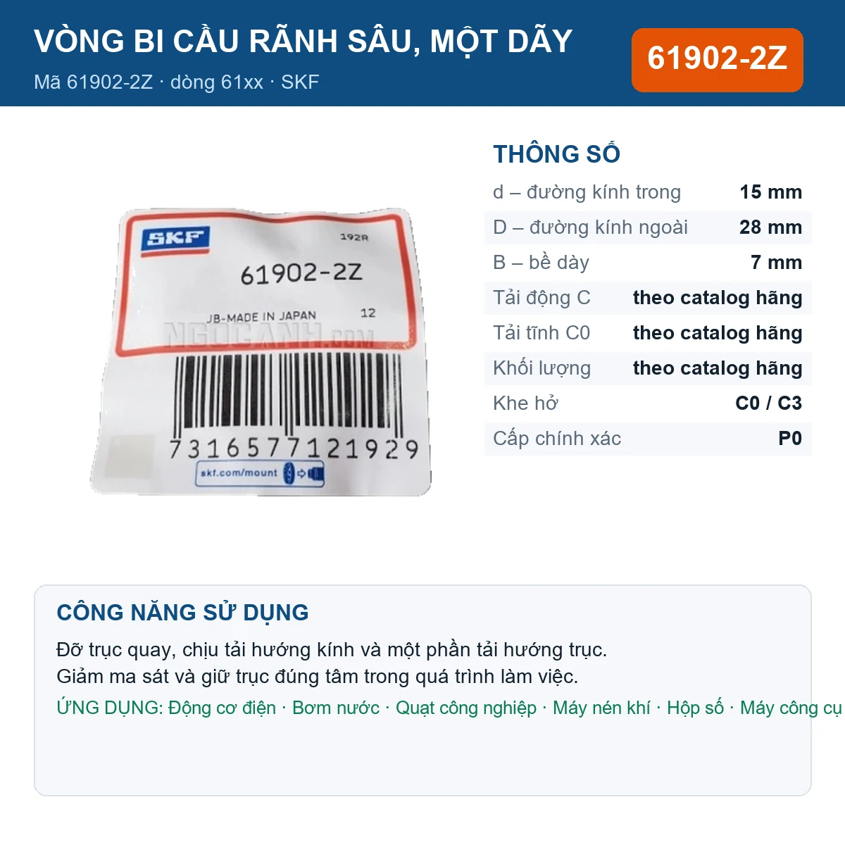Vòng bi SKF 61902-2Z — kích thước 15x28x7mm