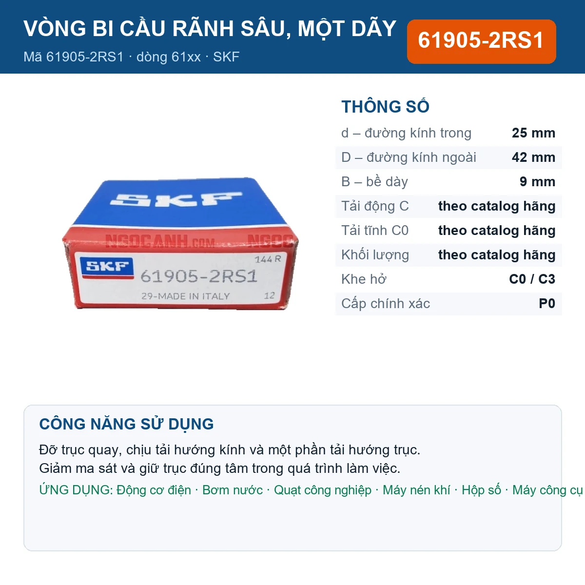 Vòng bi SKF 61905-2RS1 — kích thước 25x42x9mm