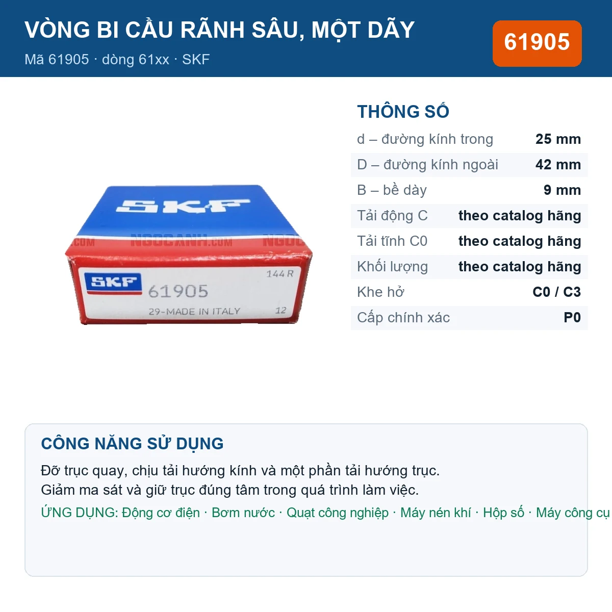 Vòng bi SKF 61905 — kích thước 25x42x9mm