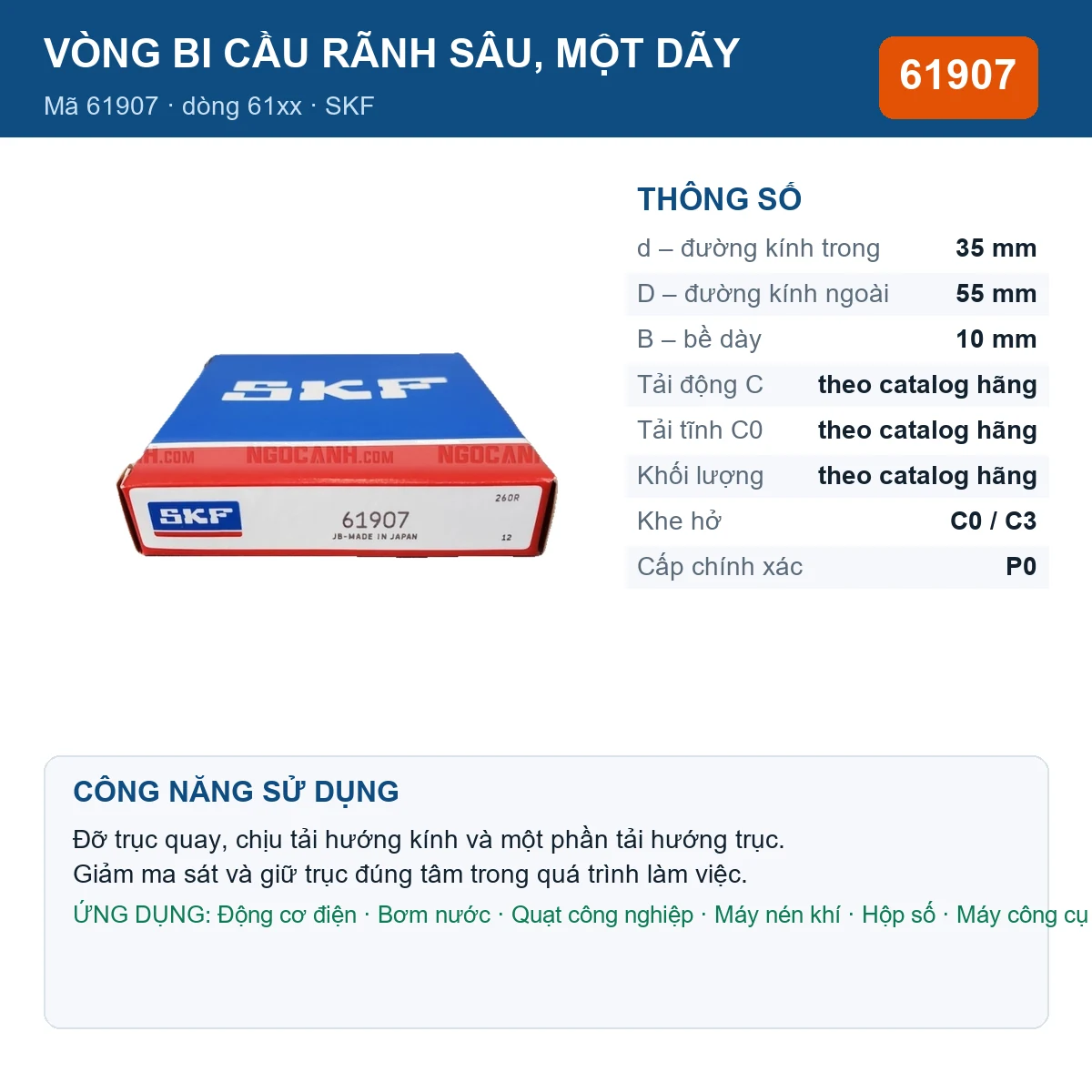 Vòng bi SKF 61907 — kích thước 35x55x10mm