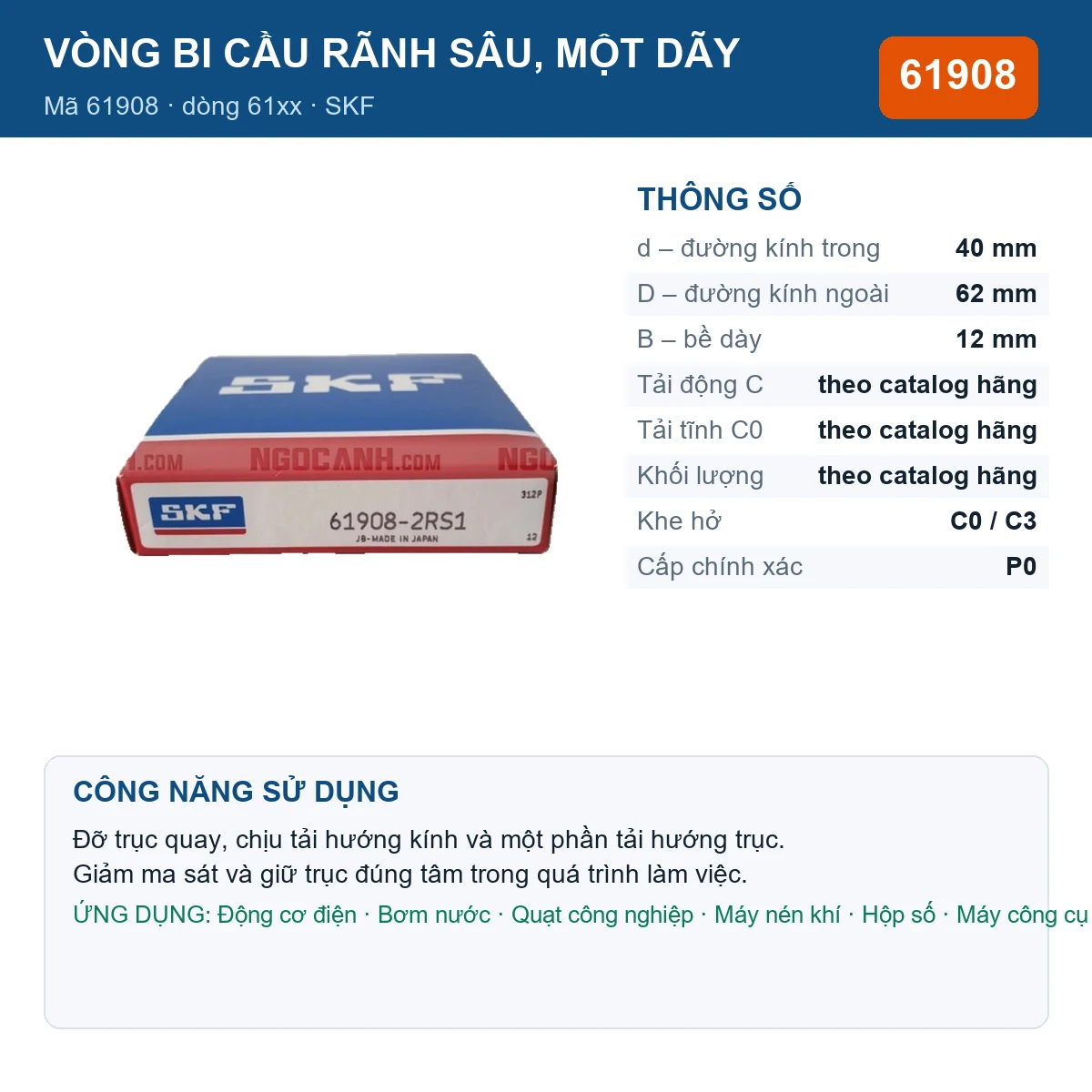 Vòng bi SKF 61908 — kích thước 40x62x12mm