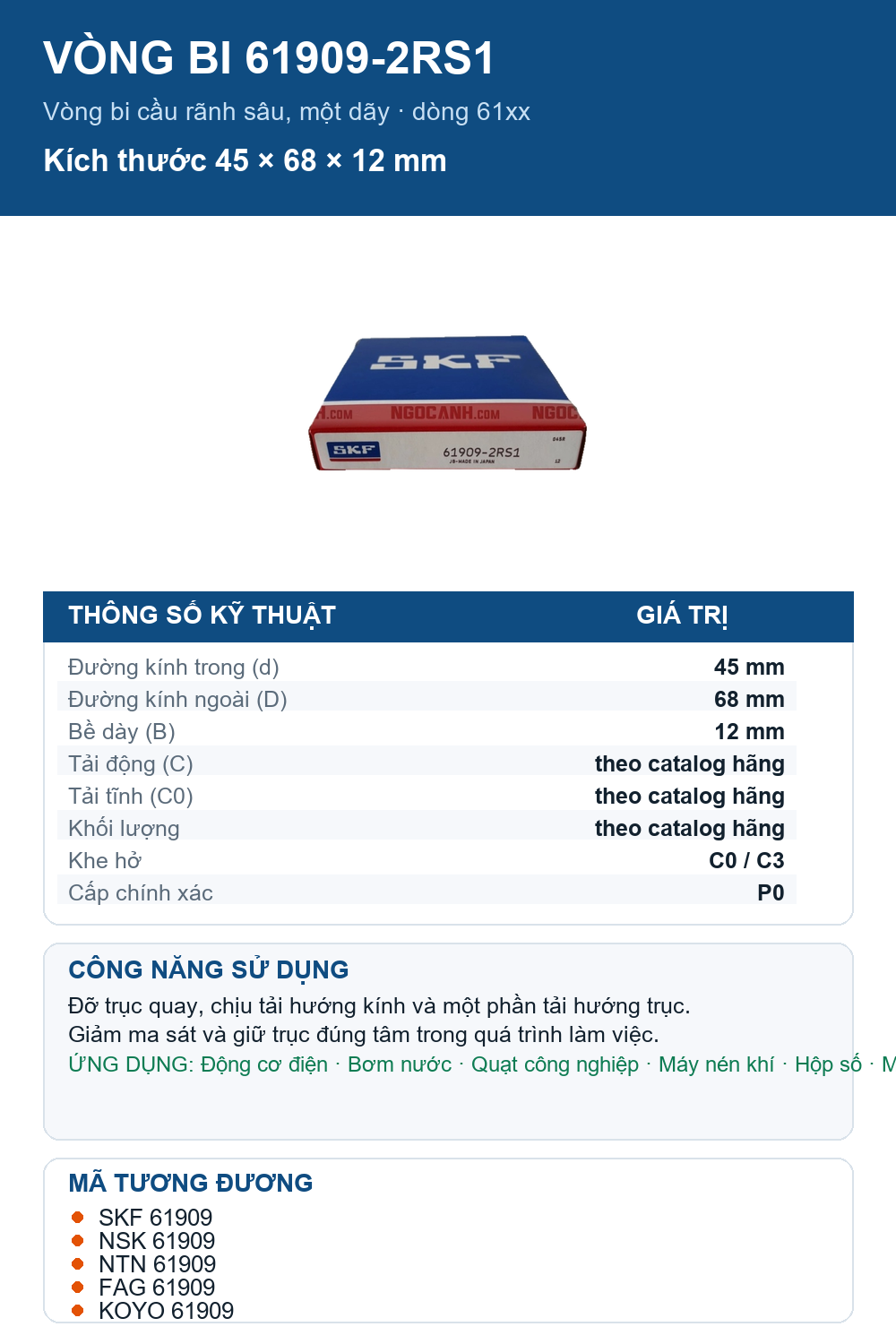 Vòng bi SKF 61909-2RS1 45x68x12mm — Ảnh thông số (Pinterest)