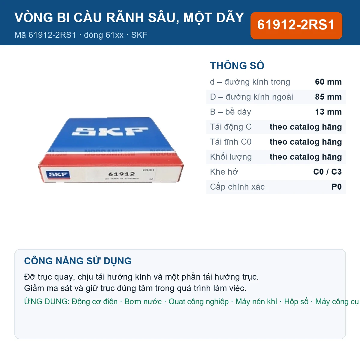 Vòng bi SKF 61912-2RS1 — kích thước 60x85x13mm