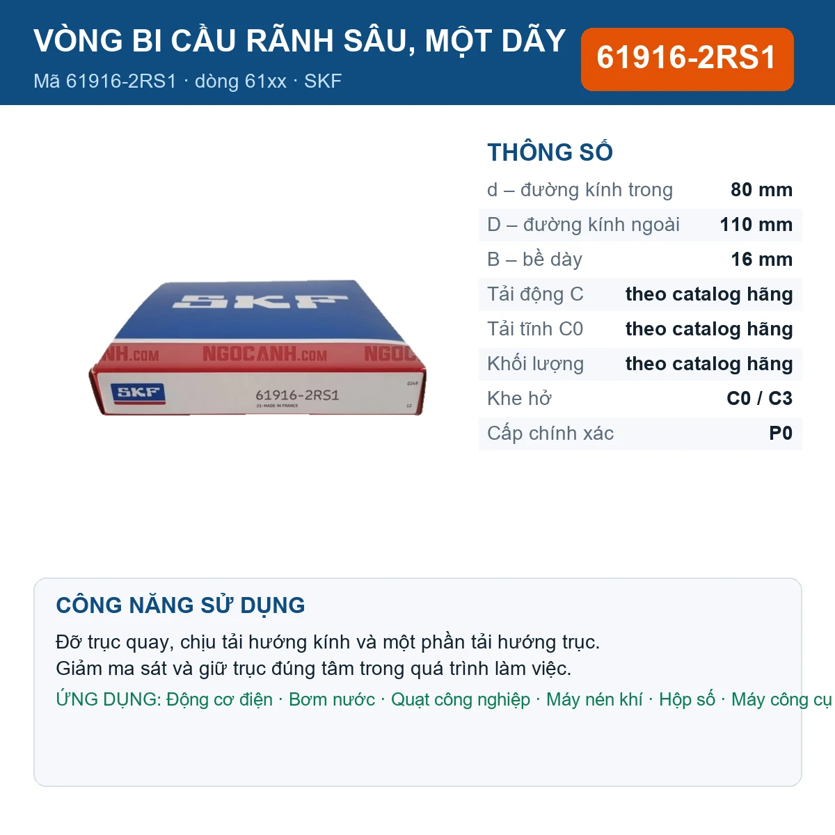 Vòng bi SKF 61916-2RS1 — kích thước 80x110x16mm