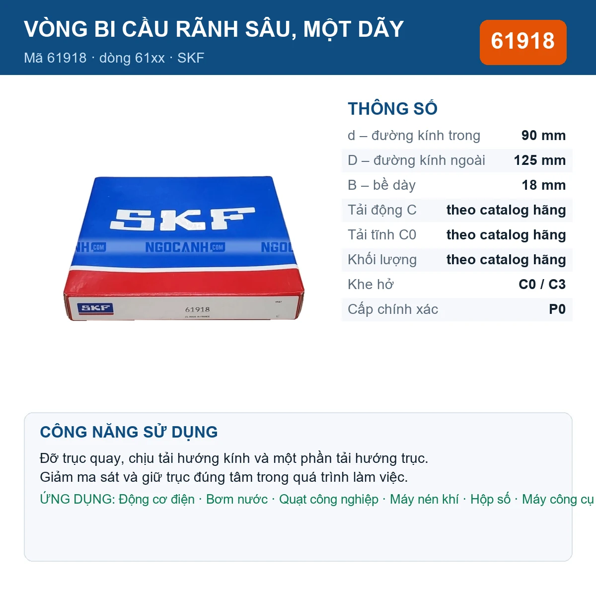 Vòng bi SKF 61918 — kích thước 90x125x18mm