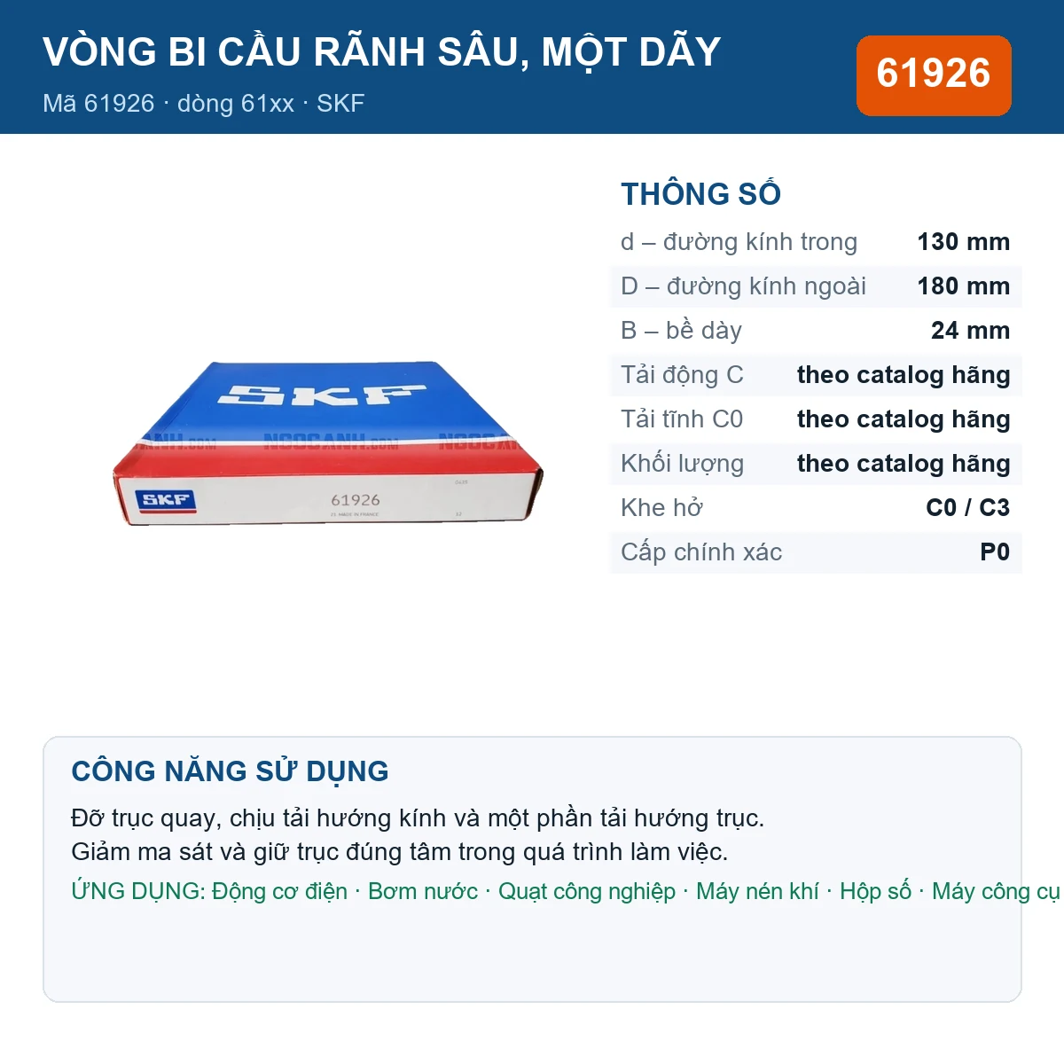 Vòng bi SKF 61926 — kích thước 130x180x24mm