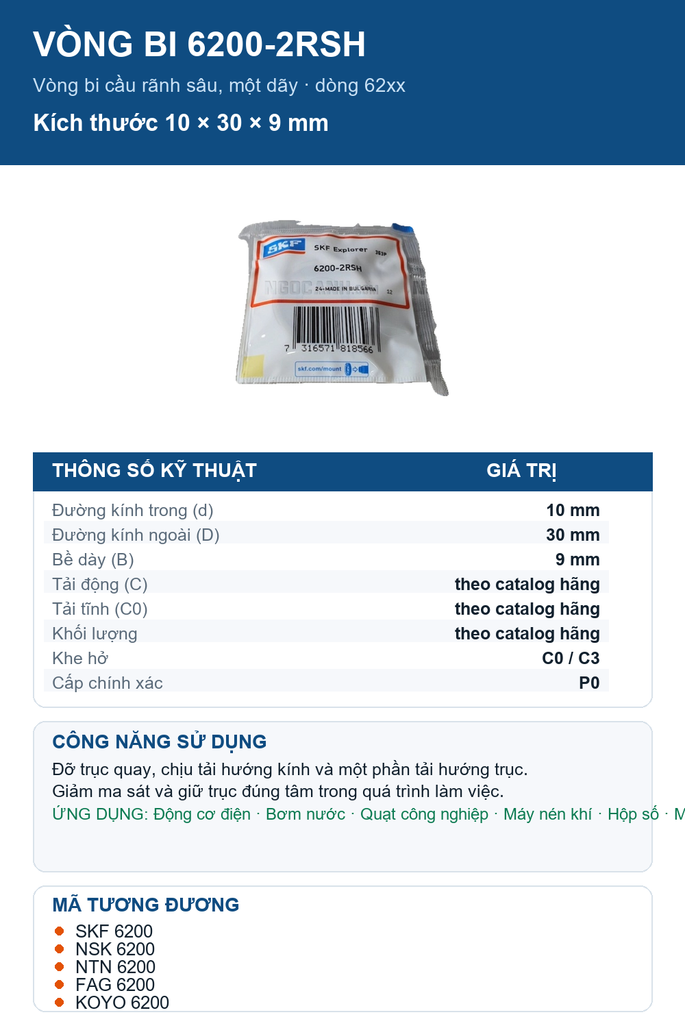 Vòng bi SKF 6200-2RSH 10x30x9mm — Ảnh thông số (Pinterest)