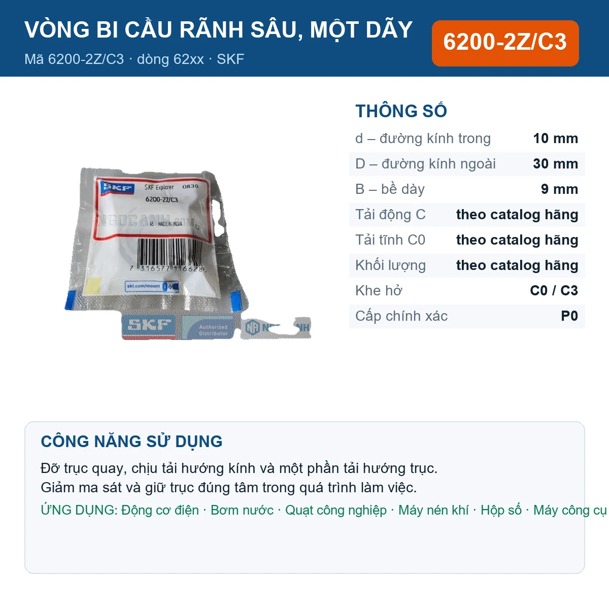 Vòng bi SKF 6200-2Z/C3 — kích thước 10x30x9mm