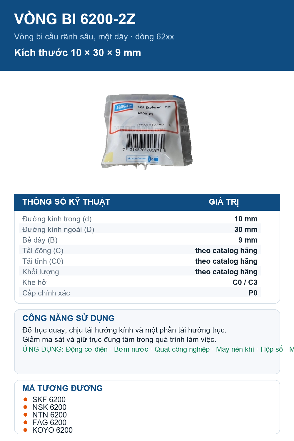 Vòng bi SKF 6200-2Z 10x30x9mm — Ảnh thông số (Pinterest)