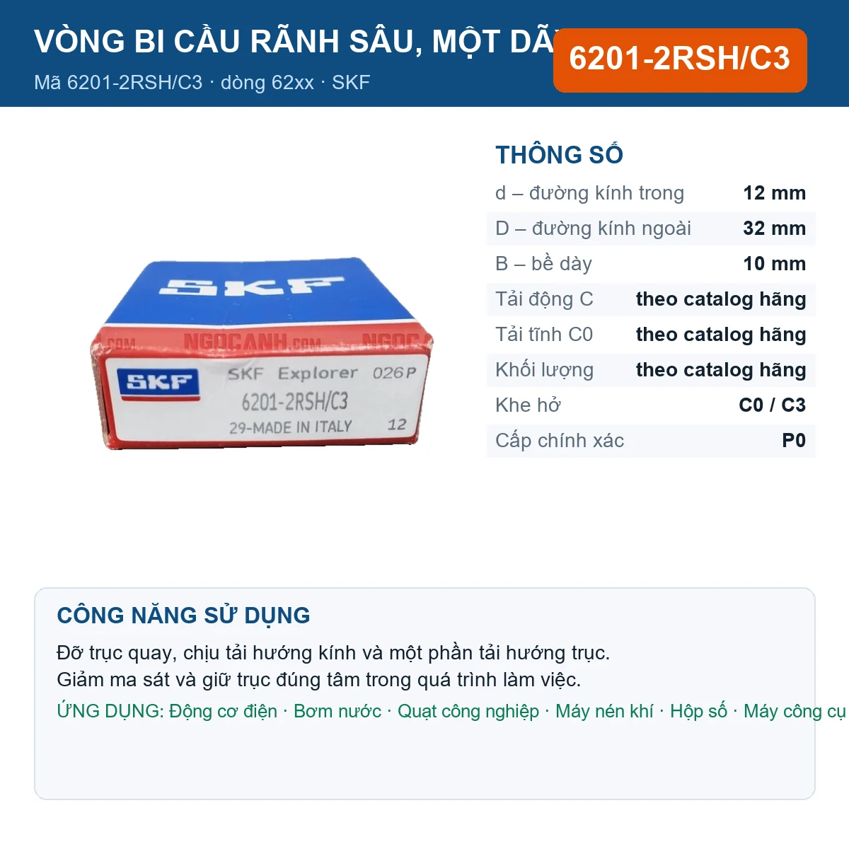 Vòng bi SKF 6201-2RSH/C3 — kích thước 12x32x10mm