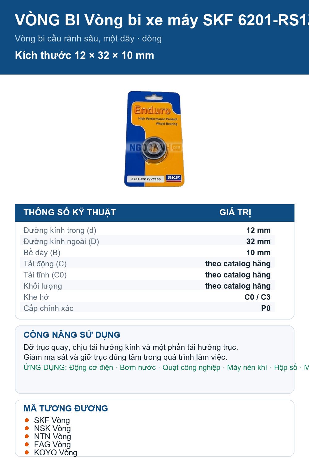 Vòng bi SKF 6201-RS1Z/VC106 12x32x10mm — Ảnh thông số (Pinterest)