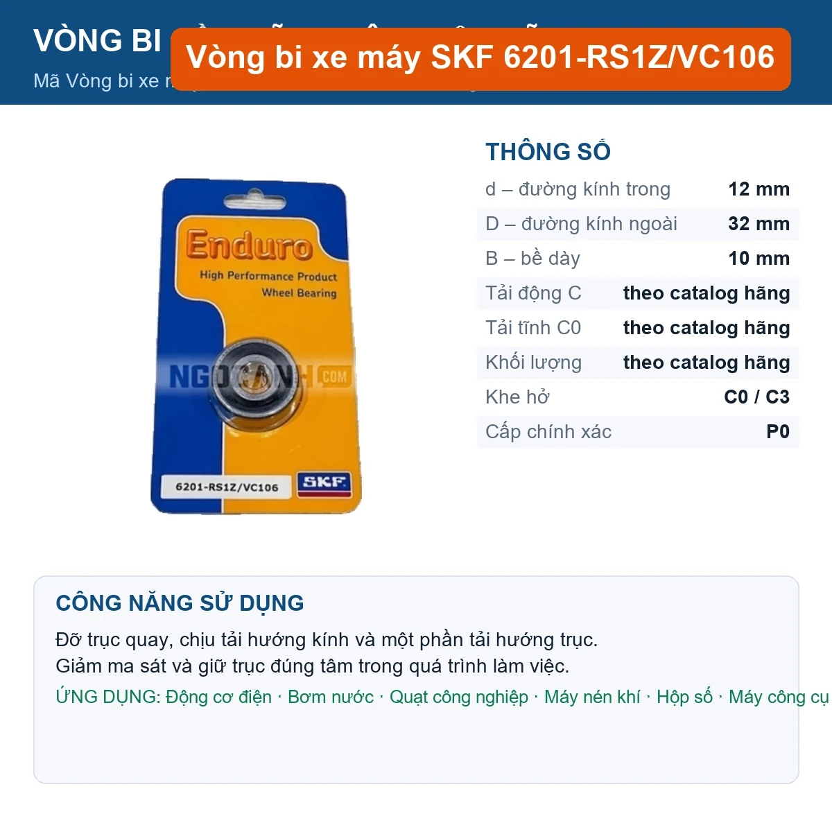 Vòng bi SKF 6201-RS1Z/VC106 12x32x10mm — Ảnh đăng sản phẩm (web)