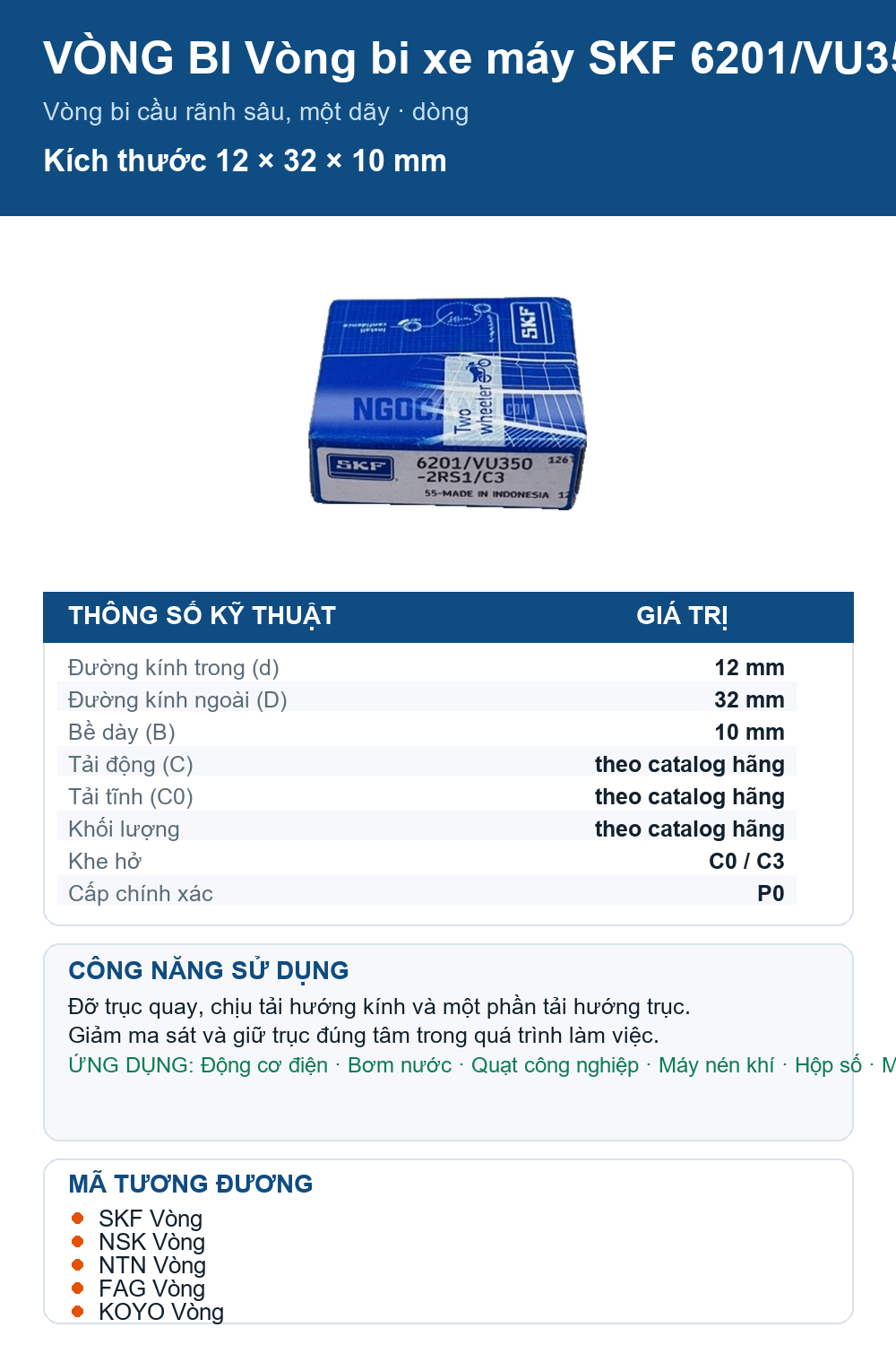 Vòng bi SKF 6201/VU350-2RS1/C3 12x32x10mm — Ảnh thông số (Pinterest)