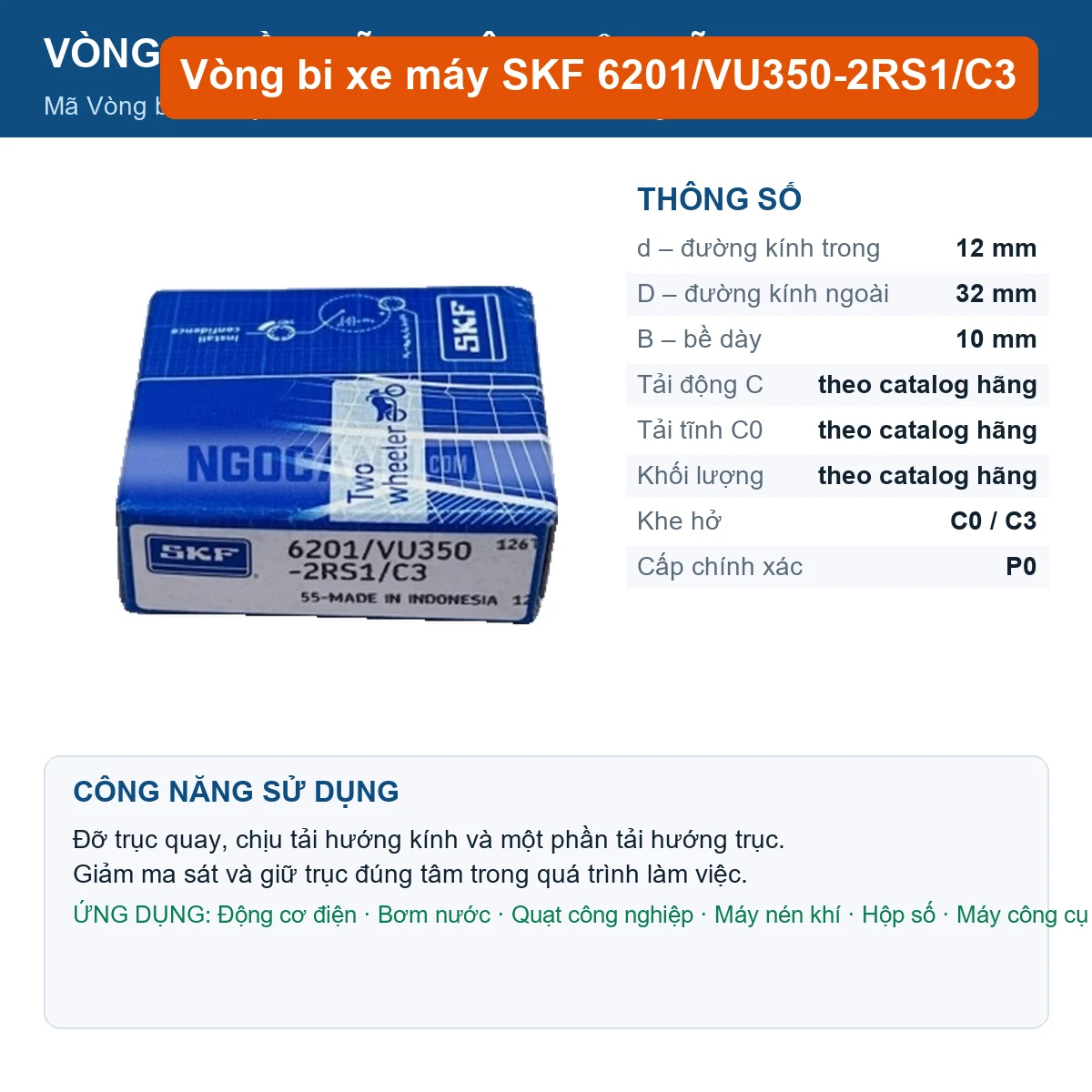 Vòng bi SKF 6201/VU350-2RS1/C3 12x32x10mm — Ảnh đăng sản phẩm (web)