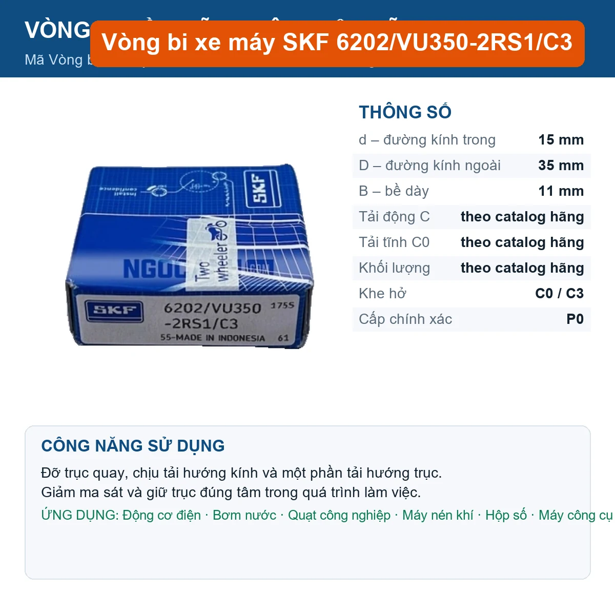 Vòng bi SKF 6202/VU350-2RS1/C3 15x35x11mm — Ảnh đăng sản phẩm (web)
