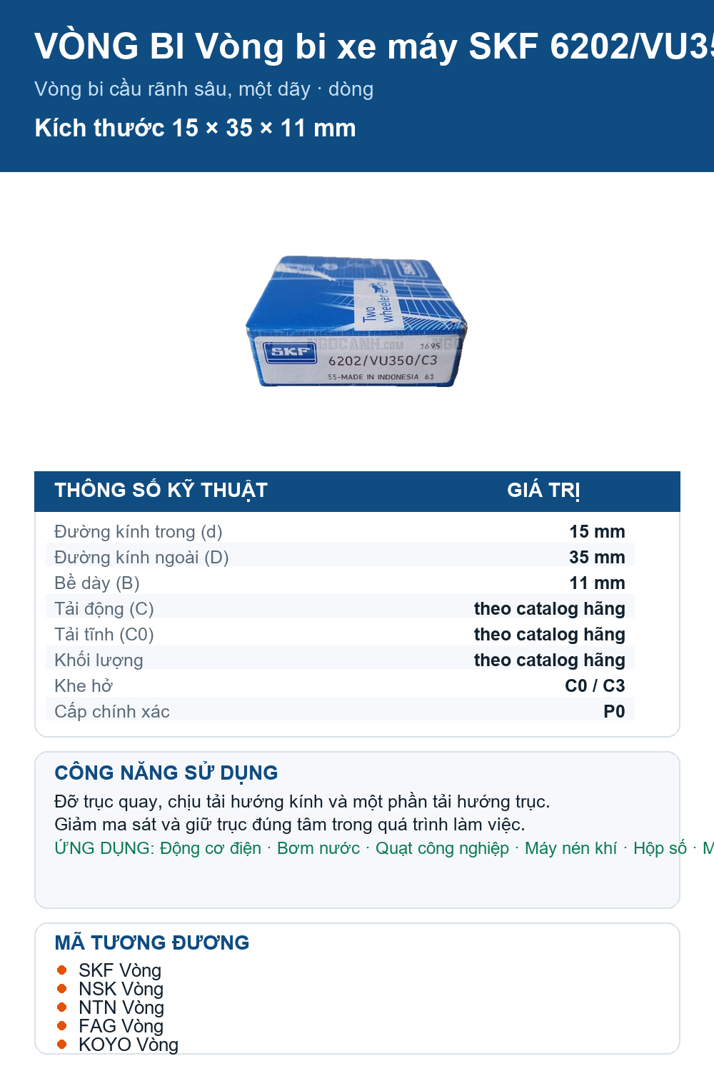 Vòng bi SKF 6202/VU350/C3 15x35x11mm — Ảnh thông số (Pinterest)
