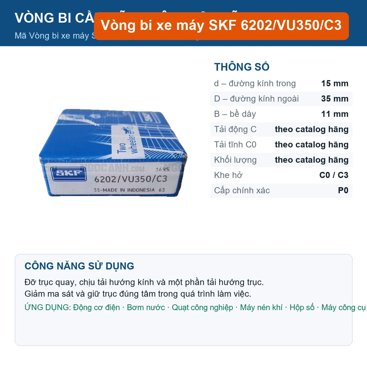 Vòng bi SKF 6202/VU350/C3 15x35x11mm — Ảnh đăng sản phẩm (web)