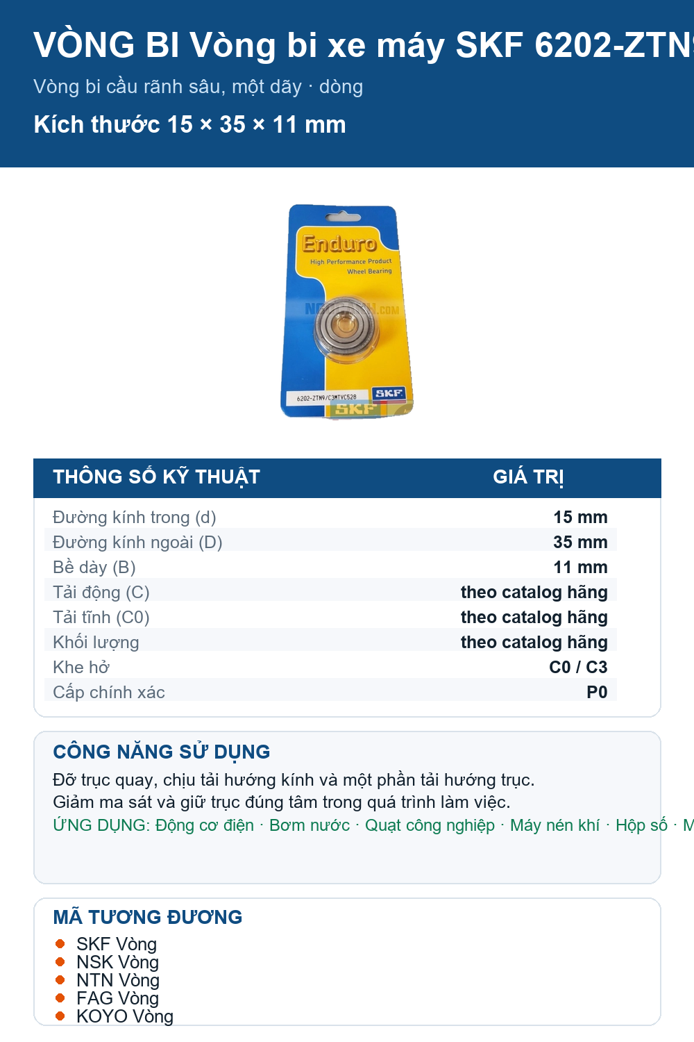 Vòng bi SKF 6202-ZTN9/C3MTVC528 15x35x11mm — Ảnh thông số (Pinterest)