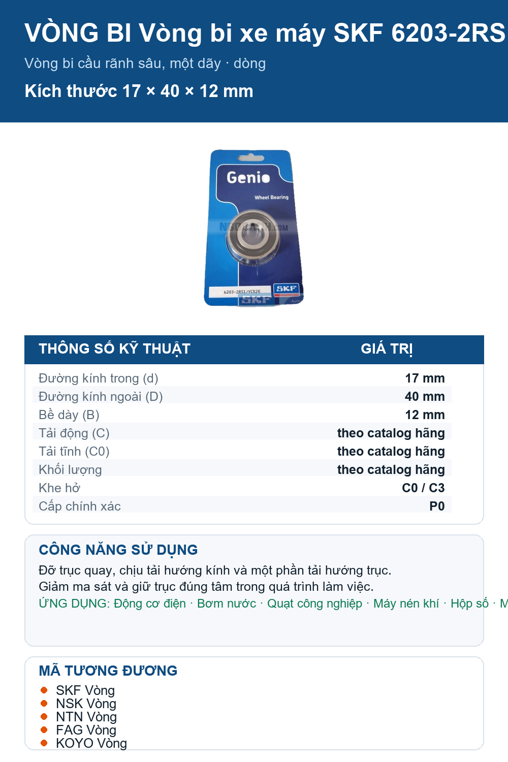 Vòng bi SKF 6203-2RS1/VC525 17x40x12mm — Ảnh thông số (Pinterest)