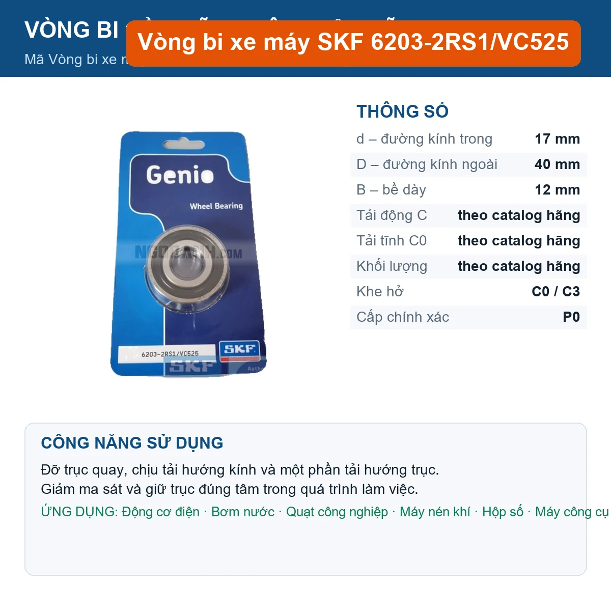 Vòng bi SKF 6203-2RS1/VC525 17x40x12mm — Ảnh đăng sản phẩm (web)