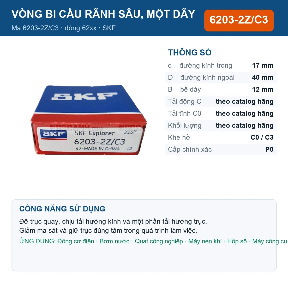 Vòng bi SKF 6203-2Z/C3 — kích thước 17x40x12mm