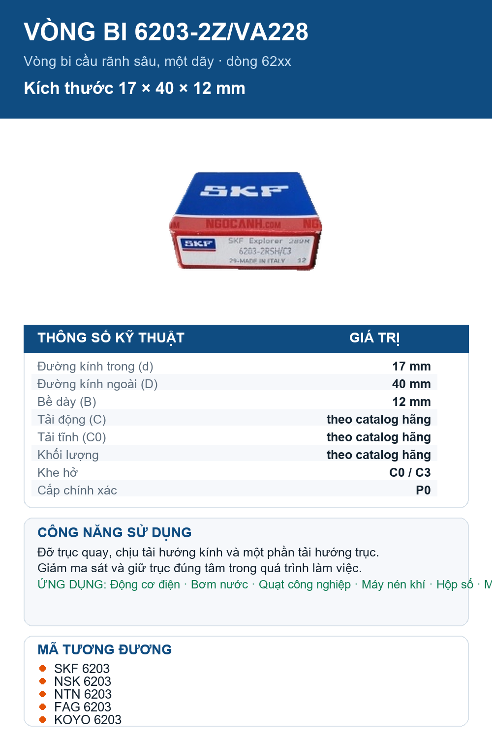 Vòng bi SKF 6203-2Z/VA228 17x40x12mm — Ảnh thông số (Pinterest)